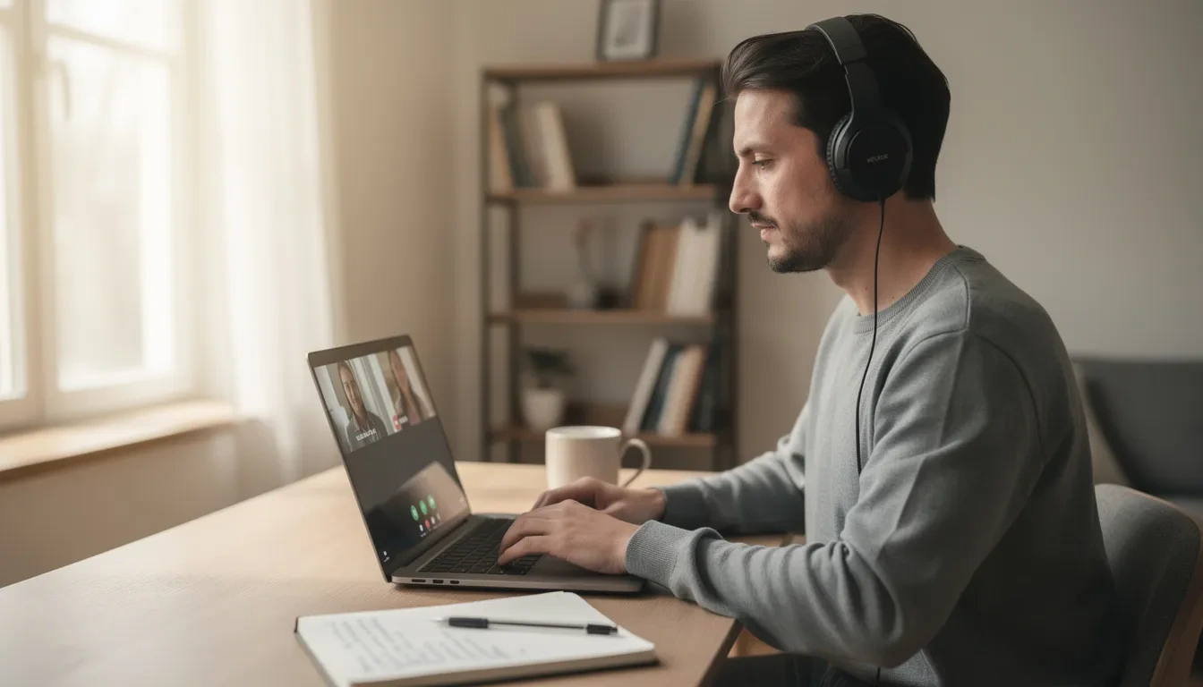 Adult student engaged in an online class, surrounded by books and a laptop