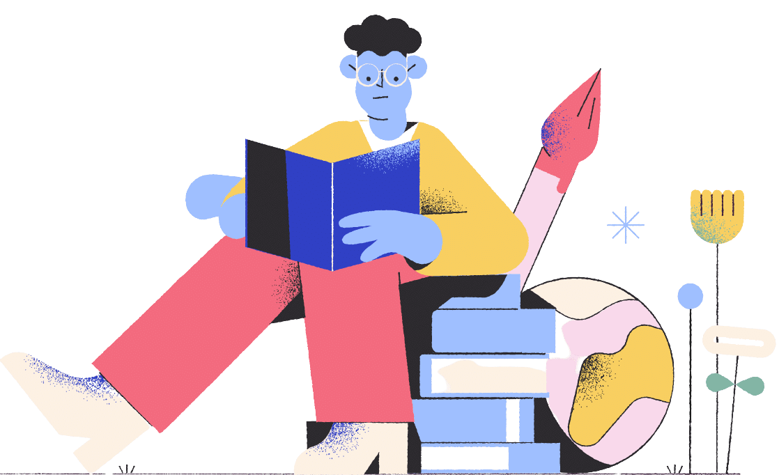 Illustration of an adult student reading on a stack of books with a globe and pencil, symbolizing stress free online learning support from Academikx