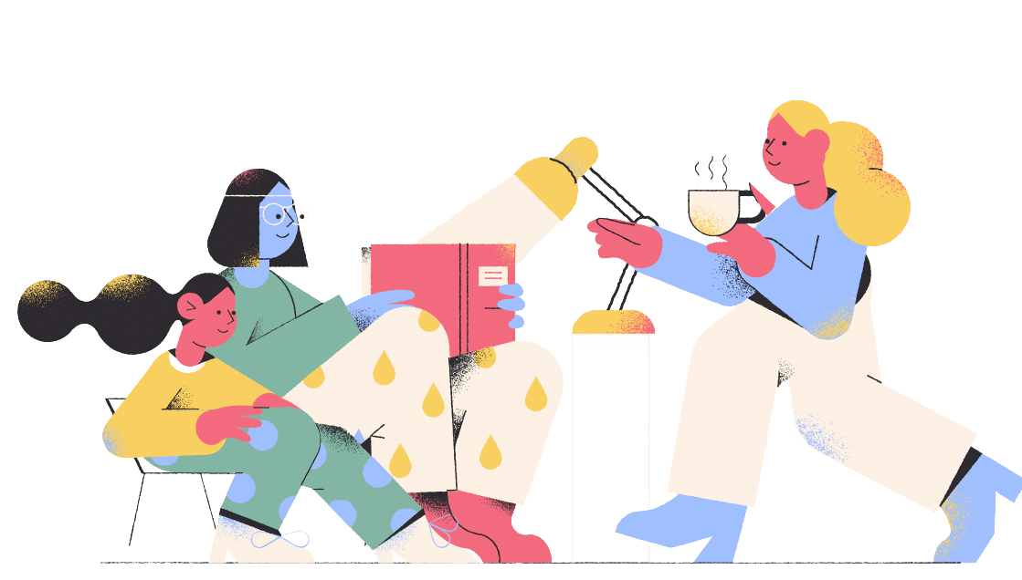 Illustration of three people sitting together: one reading a book, one holding a cup of hot beverage, and one sitting close by with a relaxed posture.
