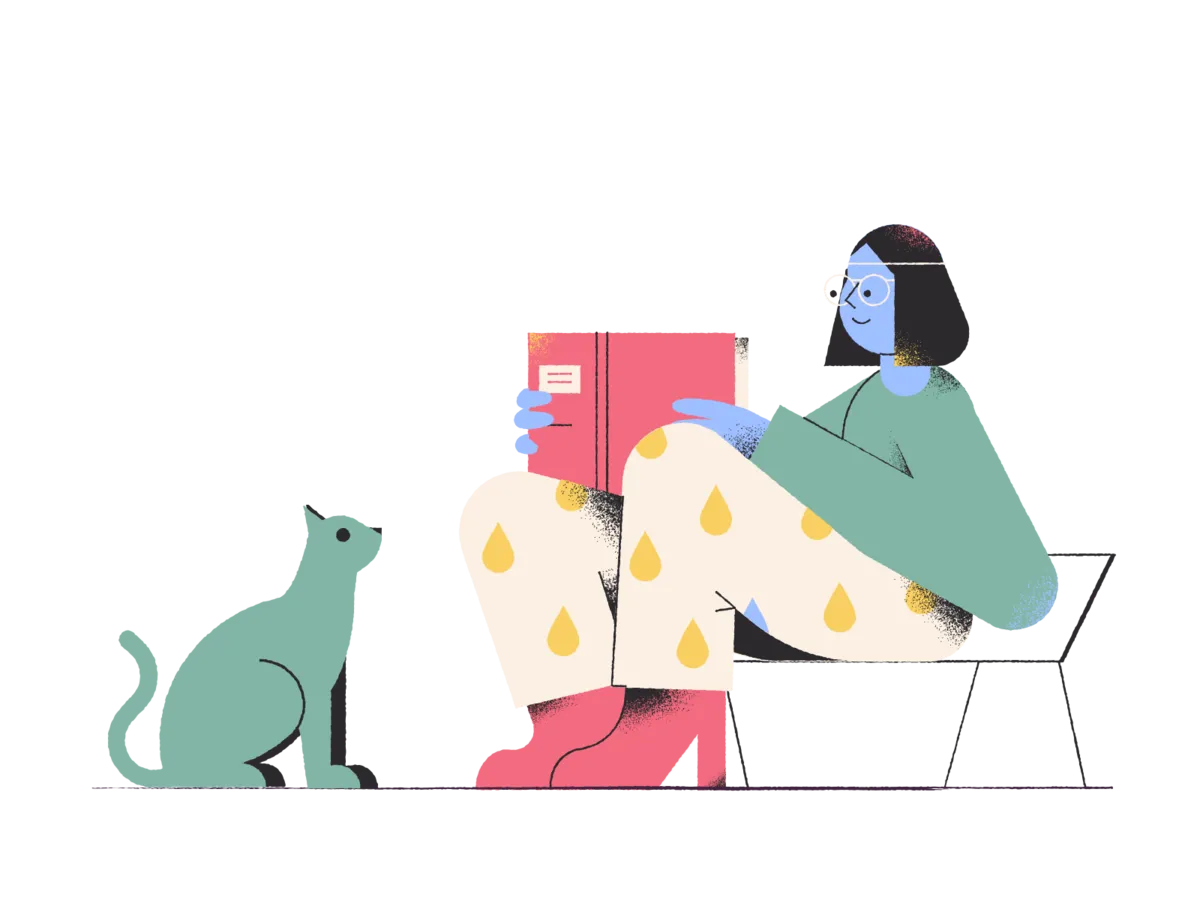Illustration of a woman reading a book with a cat: Academikx online class help frees up your time